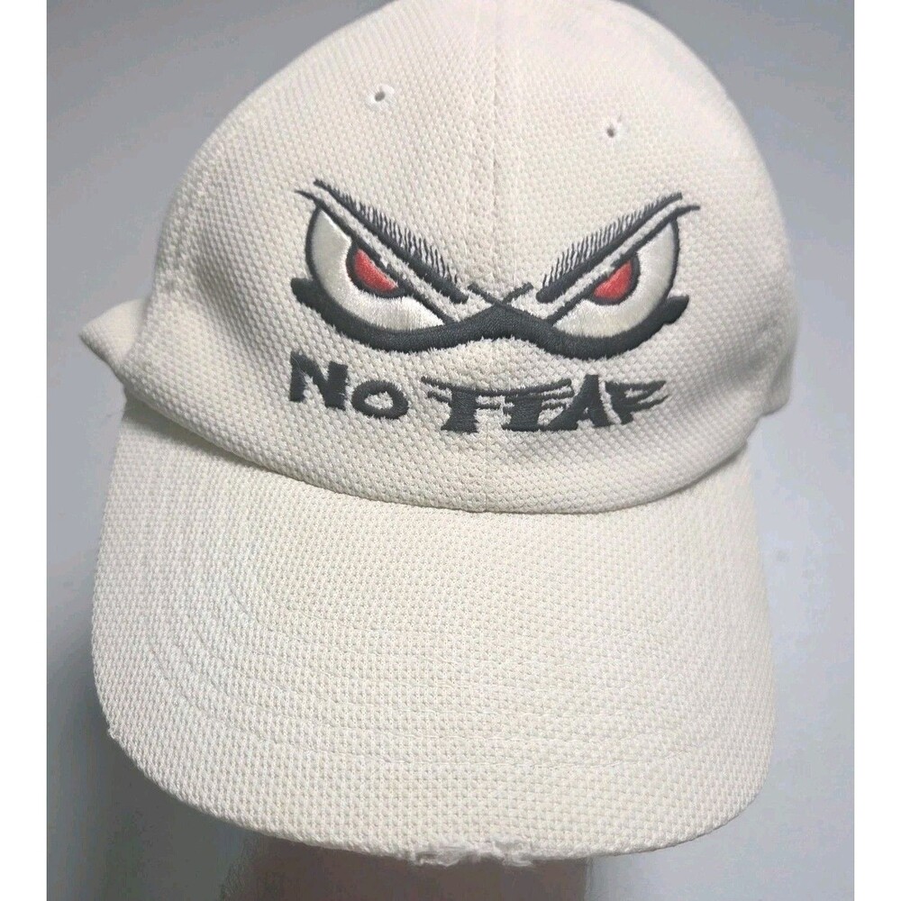 Vintage 90s No Fear Eyes Hat Cream Waffle Knit Strapback Dad Cap Skater Grunge